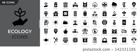Set of 50 ecology solid icons. Eco friendly icon. Environment, sustainability, nature, recycle, renewable energy. Green symbol. Vector illustration Set of 50 ecology solid icons. Eco friendly icon. Environment, sustainability, nature, recycle, renewable energy. Green symbol. Vector illustration 142331195