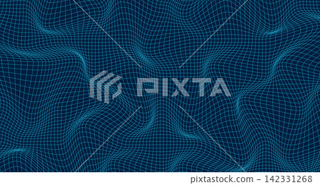 Distorted square grid. Warped mesh texture. Retro punk design elements. Wireframe wave geometry grid. Curved mesh elements. Retrowave technology Distorted square grid. Warped mesh texture. Retro punk design elements. Wireframe wave geometry grid. Curved mesh elements. Retrowave technology 142331268