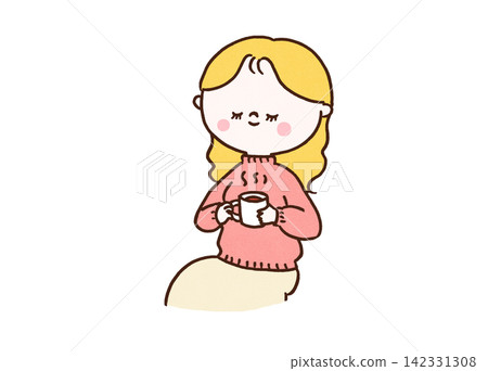 一位女士穿著高領毛衣,一邊喝著熱飲一邊放鬆(取暖/放鬆) 一位女士穿著高領毛衣,一邊喝著熱飲一邊放鬆(取暖/放鬆) 142331308