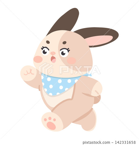 Active rabbit character running with blue scarf 142331658