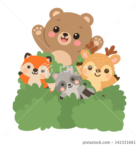 Friendly woodland animals peeking from green bushes Friendly woodland animals peeking from green bushes 142331661