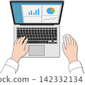 A flat illustration of a person performing data analysis on a computer. 142332134