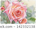 A watercolor painting of purple roses in bloom. 142332138