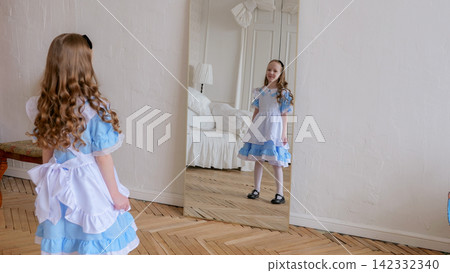 Young artist reviewing costume details. Aspiring singer examining costume in fulllength mirror with confidence. Young stage artist preparing for show by scrutinizing costume and posture carefully Young artist reviewing costume details. Aspiring singer examining costume in fulllength mirror with confidence. Young stage artist preparing for show by scrutinizing costume and posture carefully 142332340