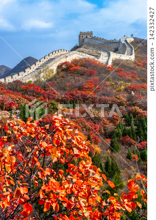 Autumn landscape of Badaling Hongye Ridge Great Wall Beijing China historic architecture and colorful mountain forest Autumn landscape of Badaling Hongye Ridge Great Wall Beijing China historic architecture and colorful mountain forest 142332427