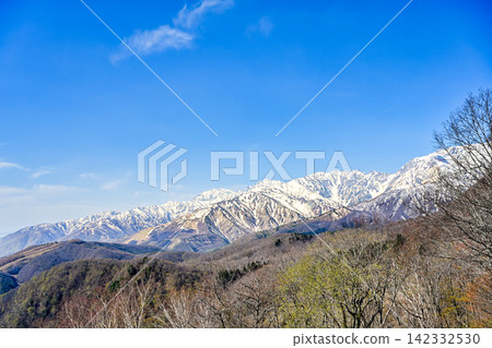 藍天白雲，白馬山脈的冬日美景；日本滑雪勝地長野縣白馬鎮，如今卻不見積雪。 [長野縣，白馬風景] 142332530