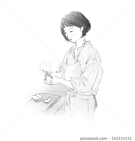 一幅水彩風格的手繪插圖，描繪了一位女士用削皮刀削梨子的場景。 142332531