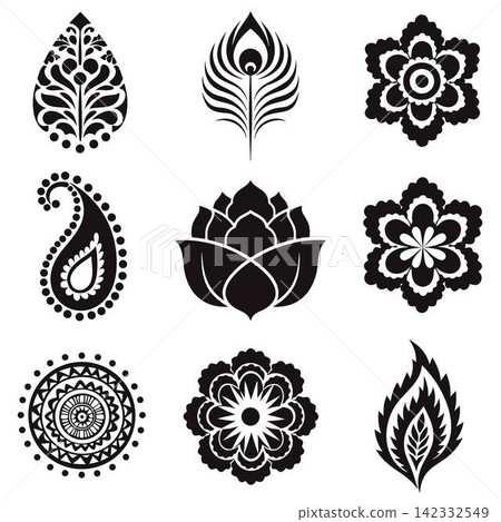 The image shows a collection of nine black-and-white vector icons featuring traditional Indian and Middle Eastern decorative motifs The image shows a collection of nine black-and-white vector icons featuring traditional Indian and Middle Eastern decorative motifs 142332549