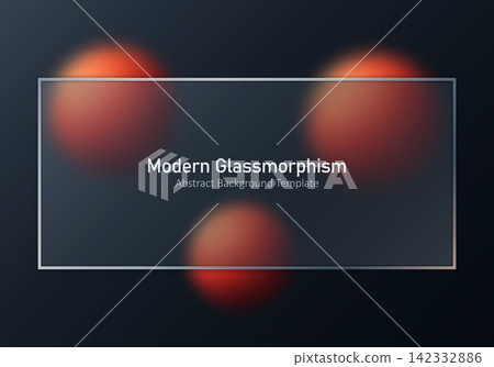 Dark vector glassmorphism banner with a large transparent rectangular panel, blurred red orange spheres, and a deep navy background for technology branding, web headers, presentations, and interface d 142332886