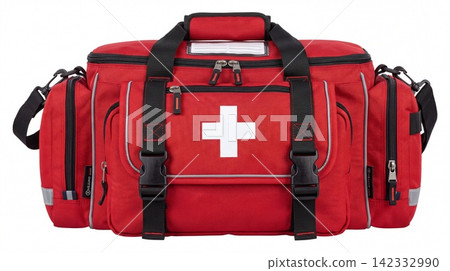 Red emergency medical trauma bag with white cross symbol and black straps isolated on white background emergency healthcare paramedic ambulance hospital responder equipment portable supplies 142332990