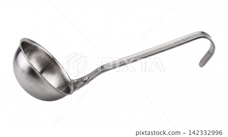 Metallic soup ladle with long handle and curved end silverware polished reflective equipment appliance gastronomy restaurant preparation houseware isolated background horizontal metallic Metallic soup ladle with long handle and curved end silverware polished reflective equipment appliance gastronomy restaurant preparation houseware isolated background horizontal metallic 142332996