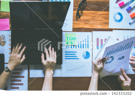 communication online meeting team of employees discussing financial statistics. top view. communication online meeting team of employees discussing financial statistics. top view. 142333202