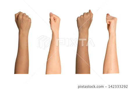 Female fist shown from different angles and skin tones. Knuckles face forward in a strong, closed Female fist shown from different angles and skin tones. Knuckles face forward in a strong, closed 142333292