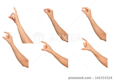 Female hand pinches thumb and index finger apart delicately. Digits hold something invisible, thin, Female hand pinches thumb and index finger apart delicately. Digits hold something invisible, thin, 142333324