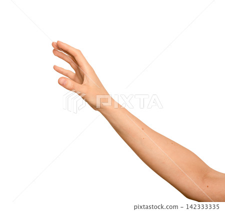 Female hand reaches out, side view, fingers curved. Gesture suggests grabbing, catching, or touching Female hand reaches out, side view, fingers curved. Gesture suggests grabbing, catching, or touching 142333335