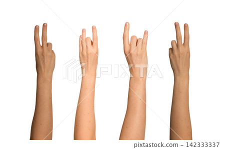 Female hand showing victory sign with index and middle fingers. Set includes rock horn symbol and a Female hand showing victory sign with index and middle fingers. Set includes rock horn symbol and a 142333337
