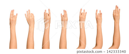 Female hand shows an Indian mudra-style spiritual gesture. Set includes several variations folding Female hand shows an Indian mudra-style spiritual gesture. Set includes several variations folding 142333340