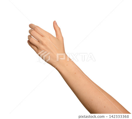 Female left hand holds an invisible phone overhead. Fingers wrap around the unseen mobile device Female left hand holds an invisible phone overhead. Fingers wrap around the unseen mobile device 142333368