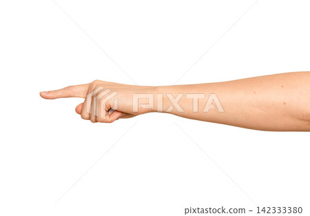 Female left index finger extends showing a direction. Hand gestures forward as if guiding attention Female left index finger extends showing a direction. Hand gestures forward as if guiding attention 142333380