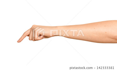 Female left index finger points forward, side view. Arm stretches out as if pressing or clicking Female left index finger points forward, side view. Arm stretches out as if pressing or clicking 142333381
