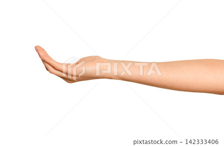 Female right hand cradles something invisible on its palm. Side view shows fingers gently curved Female right hand cradles something invisible on its palm. Side view shows fingers gently curved 142333406