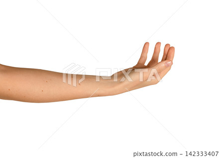 Female right hand cups upward asking for something. Fingers curve gently as if holding a round Female right hand cups upward asking for something. Fingers curve gently as if holding a round 142333407