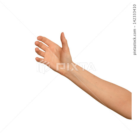 Female right hand holds an invisible phone overhead. Fingers wrap around the unseen mobile device Female right hand holds an invisible phone overhead. Fingers wrap around the unseen mobile device 142333410