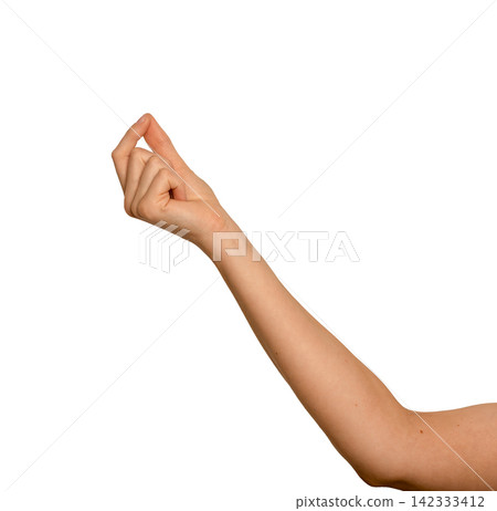 Female right hand pinches fingertips together upward. Gesture resembles the Italian expressive hand Female right hand pinches fingertips together upward. Gesture resembles the Italian expressive hand 142333412