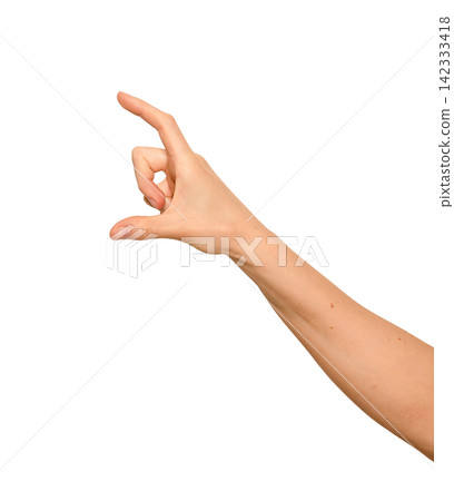 Female right hand spreads thumb and index wide apart. Digits hold something large and invisible Female right hand spreads thumb and index wide apart. Digits hold something large and invisible 142333418