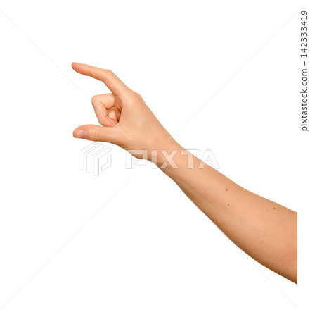Female right hand stretches thumb and index apart wider. Digits hold something medium-sized and Female right hand stretches thumb and index apart wider. Digits hold something medium-sized and 142333419
