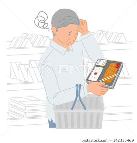 An illustration of a senior man picking up a bento box at a convenience store, troubled by his unbalanced diet. 142333469