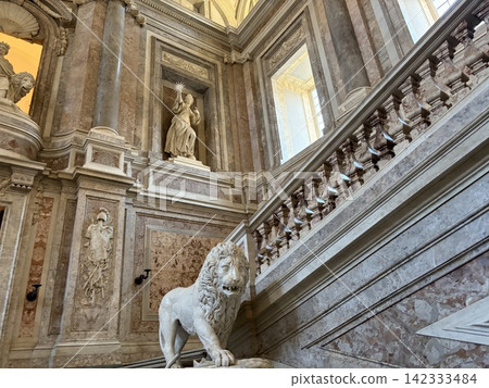 The magnificent central staircase of the Caserta Palace: a lavish and opulent Baroque marble staircase. The magnificent central staircase of the Caserta Palace: a lavish and opulent Baroque marble staircase. 142333484