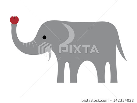 An illustration of an elephant lifting an apple with its trunk. 142334028