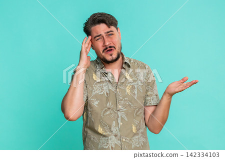 Adult man reacts with disappointment after failure bad result frustration 142334103