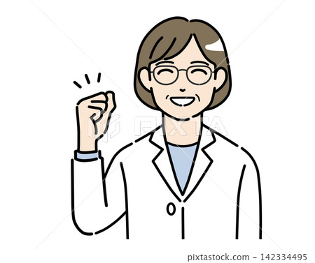 一幅插圖，描繪了一位身穿白大褂、戴著眼鏡的女士，面帶微笑，擺出勝利的姿勢。 142334495