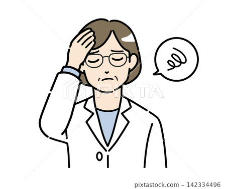一幅插圖,描繪了一位身穿白大褂、戴著眼鏡的女士,她雙手抱頭,一臉擔憂。 一幅插圖,描繪了一位身穿白大褂、戴著眼鏡的女士,她雙手抱頭,一臉擔憂。 142334496
