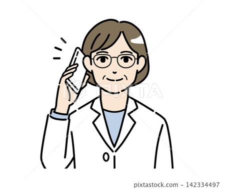 一幅插圖,描繪了一位身穿白大褂、戴著眼鏡的女士正在用智慧型手機通話。 一幅插圖,描繪了一位身穿白大褂、戴著眼鏡的女士正在用智慧型手機通話。 142334497