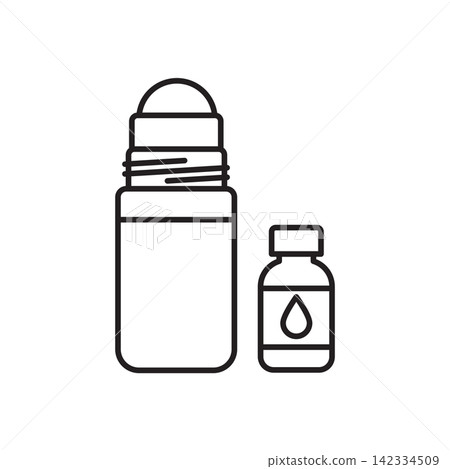 Minimalist line art icon of a roll-on edge dye bottle with a small refill bottle. Minimalist line art icon of a roll-on edge dye bottle with a small refill bottle. 142334509