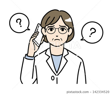 一幅插圖,描繪了一位身穿白大褂、戴著眼鏡的女士正在用智慧型手機通話,臉上帶著疑惑的表情。 一幅插圖,描繪了一位身穿白大褂、戴著眼鏡的女士正在用智慧型手機通話,臉上帶著疑惑的表情。 142334520