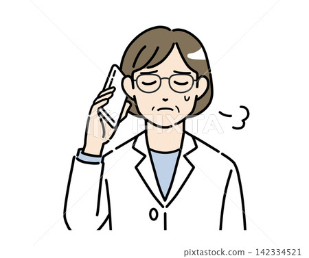 一幅插圖，描繪了一位身穿白大褂、戴著眼鏡的女士一邊用智慧型手機通話一邊嘆氣。 142334521