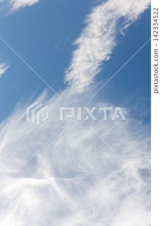 Wispy cirrus clouds drift across vivid blue sky, forming delicate featherlike patterns with soft texture and natural motion. Calm atmospheric scene conveys freedom, serenity, weather, space, openness Wispy cirrus clouds drift across vivid blue sky, forming delicate featherlike patterns with soft texture and natural motion. Calm atmospheric scene conveys freedom, serenity, weather, space, openness 142334522