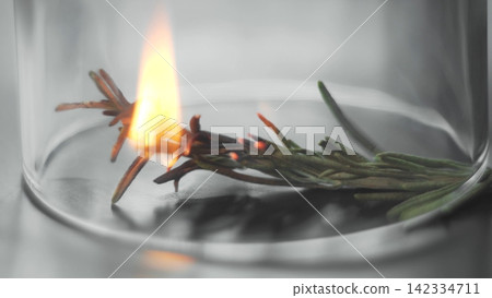 Fresh rosemary sprig burning with a bright flame, producing aromatic smoke inside a transparent glass dish 142334711