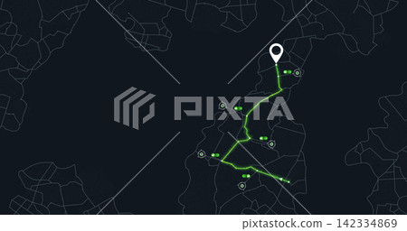 Digital screen layout showing driving path with estimated arrival minutes and vehicle icons. Vector illustration. Digital screen layout showing driving path with estimated arrival minutes and vehicle icons. Vector illustration. 142334869