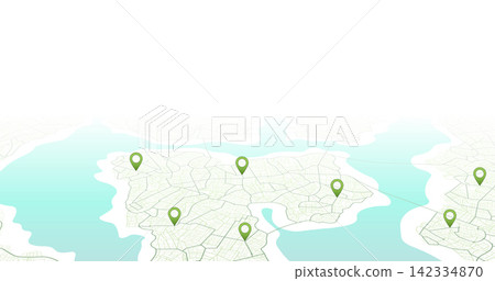 Perspective city map background with green navigation pins and copy space. Vector illustration. Perspective city map background with green navigation pins and copy space. Vector illustration. 142334870