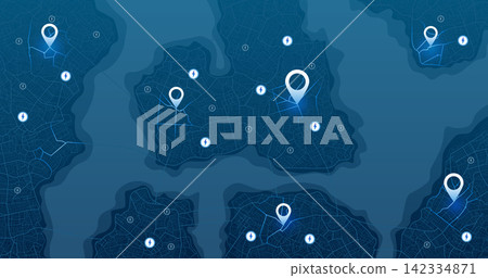 navigation markers and lightning bolt symbols indicating power spots. Vector illustration. navigation markers and lightning bolt symbols indicating power spots. Vector illustration. 142334871
