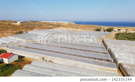 Aerial view of extensive greenhouses growing crops near the sea, modern agriculture and sustainable farming by the coast Aerial view of extensive greenhouses growing crops near the sea, modern agriculture and sustainable farming by the coast 142335144
