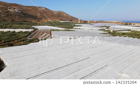 Extensive greenhouses and olive groves covering hillsides near the sea in Falassarna, Crete Extensive greenhouses and olive groves covering hillsides near the sea in Falassarna, Crete 142335204