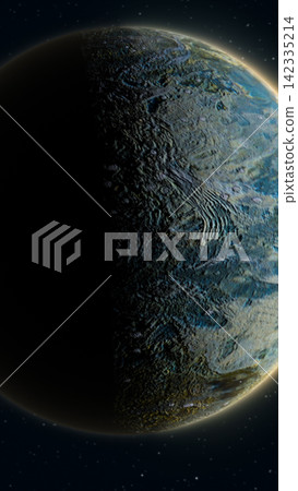 Half-lit rocky alien planet with cratered surface and glowing rim against a dark star-filled space background. Half-lit rocky alien planet with cratered surface and glowing rim against a dark star-filled space background. 142335214