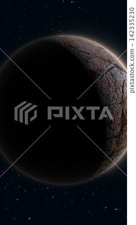 Dark rocky planet partially illuminated against a starry outer space background, depicting an eclipse, distant exoplanet, and mysterious alien world. Dark rocky planet partially illuminated against a starry outer space background, depicting an eclipse, distant exoplanet, and mysterious alien world. 142335230