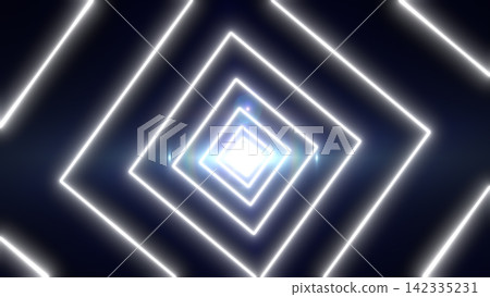 Abstract white square neon tunnel receding into a bright center with clean glowing lines and modern futuristic depth Abstract white square neon tunnel receding into a bright center with clean glowing lines and modern futuristic depth 142335231